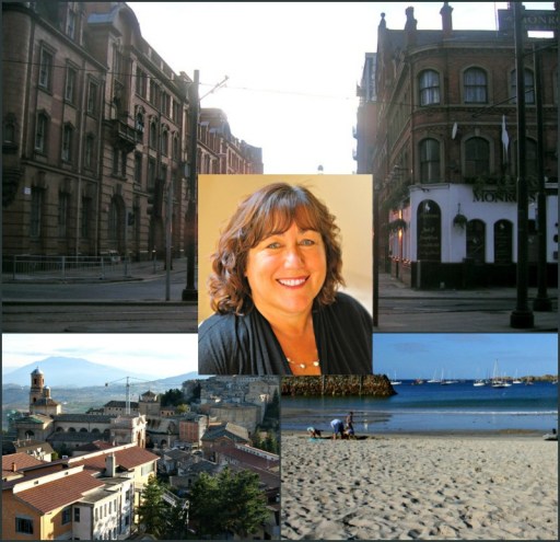 Photo credits: Rachel Abbott (inset); Whitworth Street, Manchester, by Mikey via Flickr (CC BY 2.0) ; Montalto delle Marche, by Sgobbone via Flickr (CC BY-SA 2.0); and Braye Beach (Alderney, Channel Islands), by TheOnlyMoxey via Flickr (CC BY 2.0) .